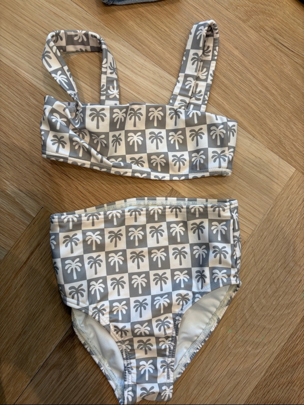 Riley and Cru Girls Neutral Palm Print Two-Piece Bikini - Beige/Gray size 2-3Y
